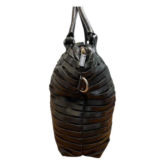 Charles Jourdan Black Leather Laser Cut Satchel Tote Handbag Purse - Picture 4 of 14